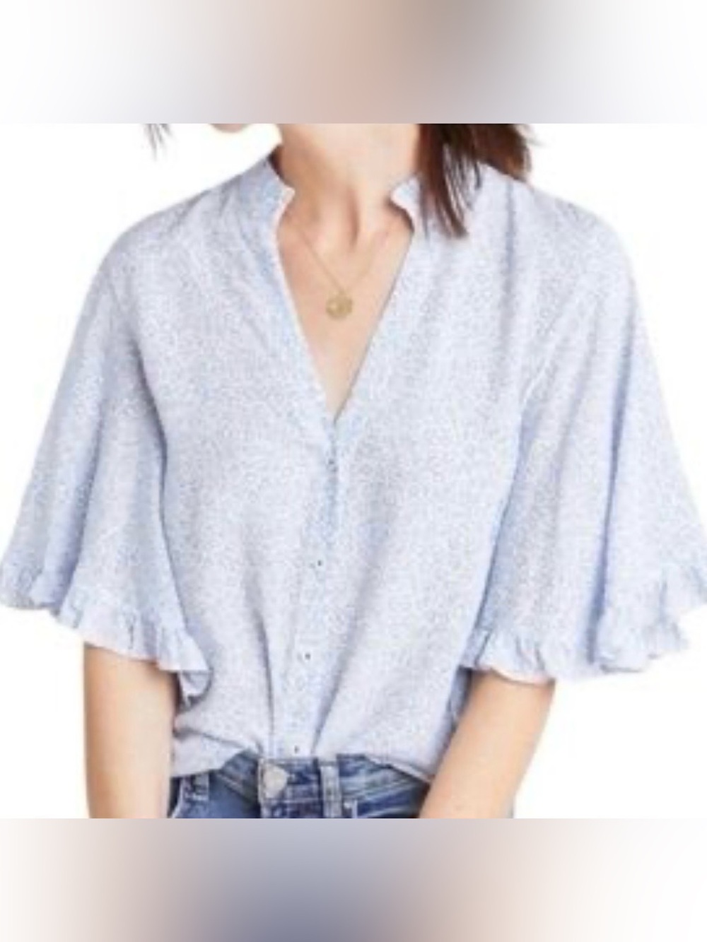 Anthropologie Maeve Light Blue Floral Button-Front Flutter Sleeve Blouse Size XS